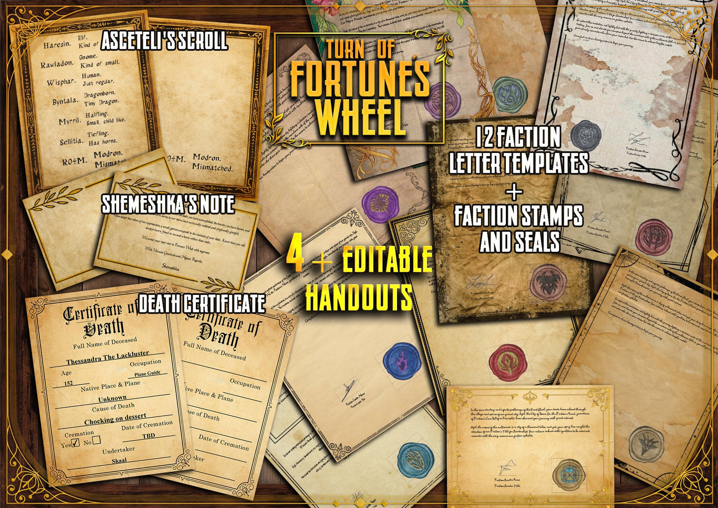 Turn of Fortune's Wheel D&D Handouts Bundle - Campaign Assets - DnD - Resources - DM Gifts - DnD Starter - Printable - Sigil - Planescape