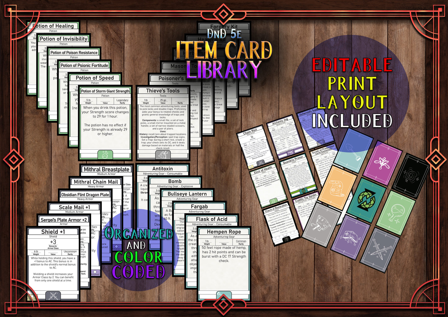 DnD 5e Item Card Library - 400+ Item Cards, includes Letter Sized Double Sided Print Layout