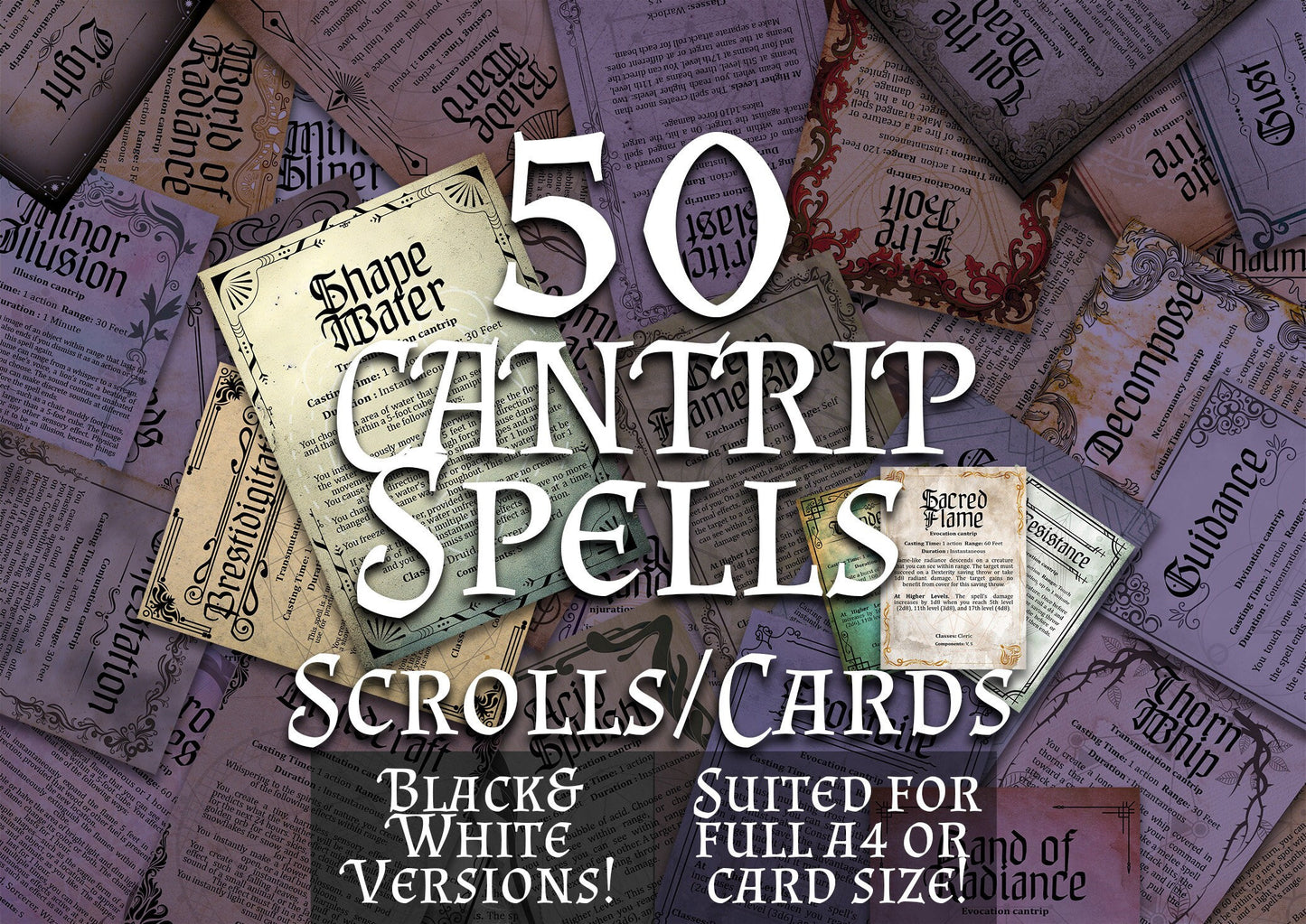 Dnd Spell Scrolls Bundle - 50 Cantrips - Spell cards - Spell scrolls - DM Gift - Roleplaying - Spellcasting - Wizard - Sorcerer - Warlock