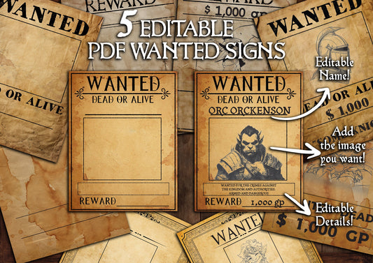 Editable Wanted Sign Printable PDF Template - DND - Roleplaying - Bounty Add - Reward - Missing - Handout - Dungeons and Dragons