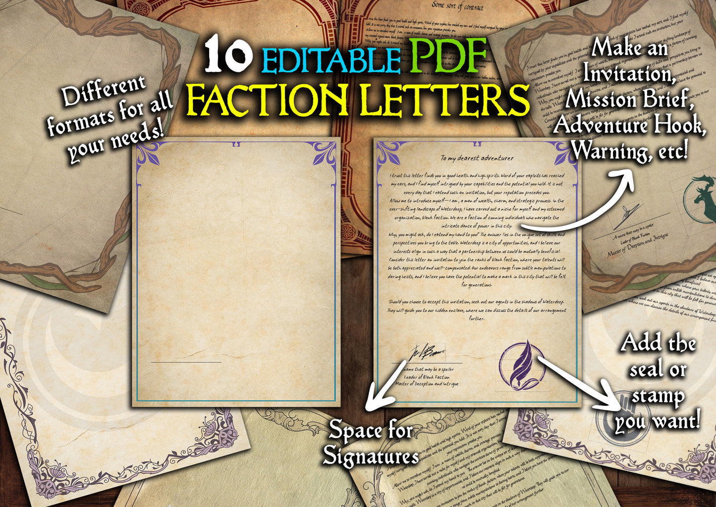 D&D RPG Faction Letters Pack - 10 Editable PDFs for Immersive Campaigns - Waterdeep - Dungeon Master Resources - Faerûn - Printable Handouts